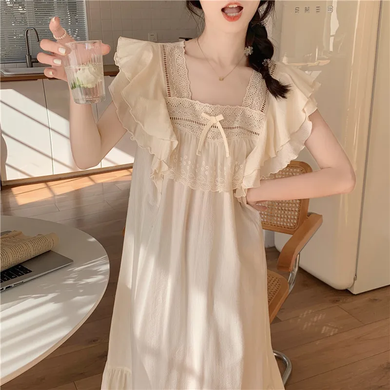 New Summer Korean Women Pajama Sweet Lace Ladies Ruffle Fly Sleeve Cute Casual Comfortable Loungewear Pajamas Long Dress