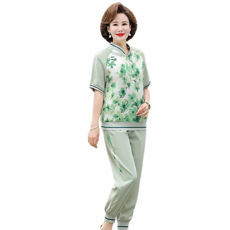 

Summer NEW Two Piece Sets Womens Outifits Short-Sleeved Middle-Aged Mother Clothes Elderly Casual Sports Pant Suits