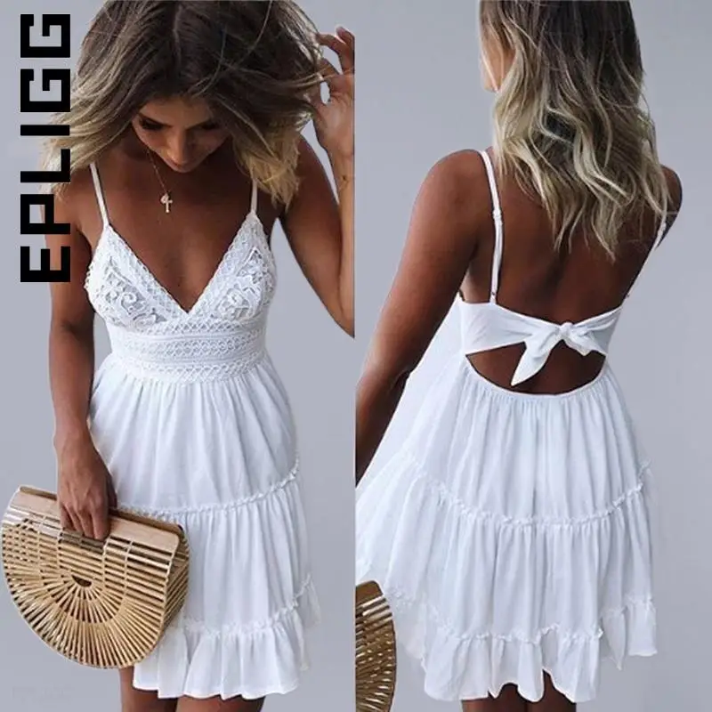 

Epligg New Women Dress Beach V Neck Party Sundress Black Yellow Pink Elegant Girl Robe Simple Holiday Dress Woman Vestidos