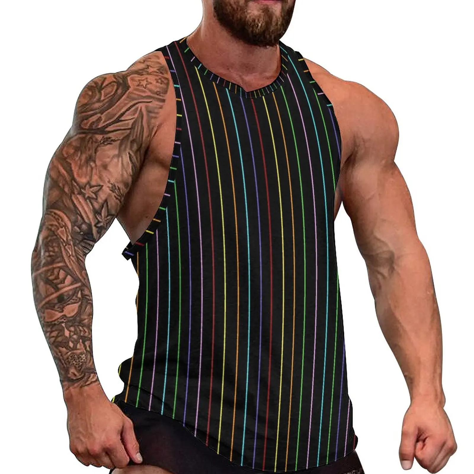 

Rainbow Striped Tank Top Man Colorful Lines Training Oversized Tops Beach Streetwear Pattern Sleeveless Shirts