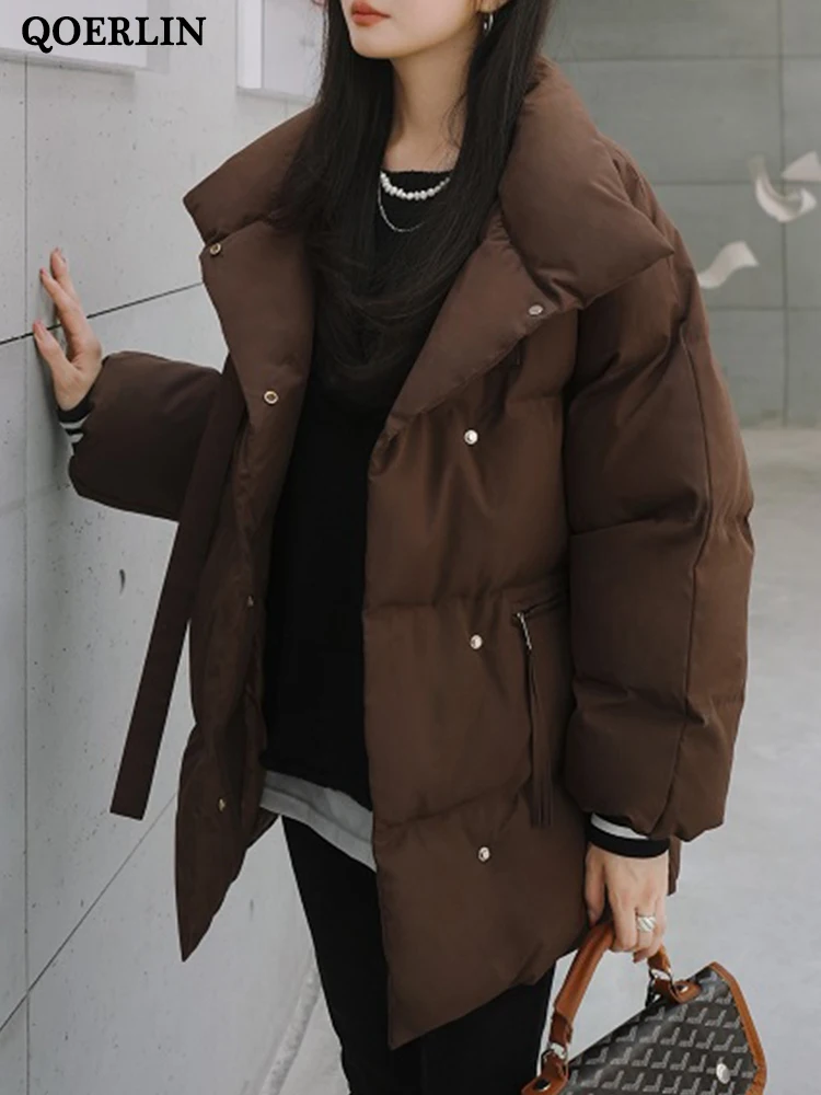 QOERLIN Brown Puffer Jacket Winter Women Stand Collar Parkas Thicken Warm Overcoat Female Korean Fashion Outerwear Black White
