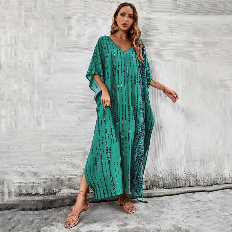 

Cover Ups For Swimwear Women 2023 Dress Long Sexy Tunic Beach Coverups Summer Swimsuit Play Green Print Smock Loose Robes