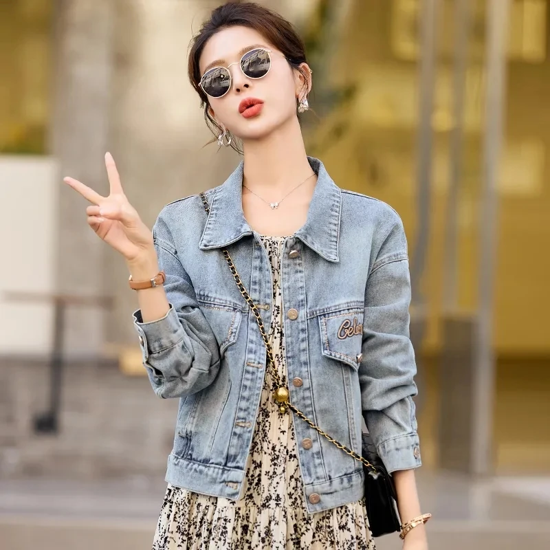 Шикарная джинсовая куртка с вышивкой женская Harajuku повседневная винтажная