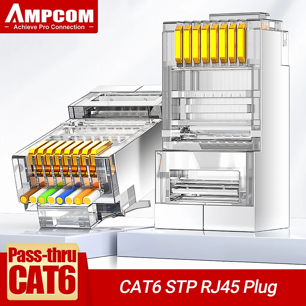 AMPCOM проходят через STP RJ45 разъемы, CAT6 CAT5E экранированный 3/50μ Позолоченные 8P8C Модульные вилки обжимной Конец для кабеля Ethernet