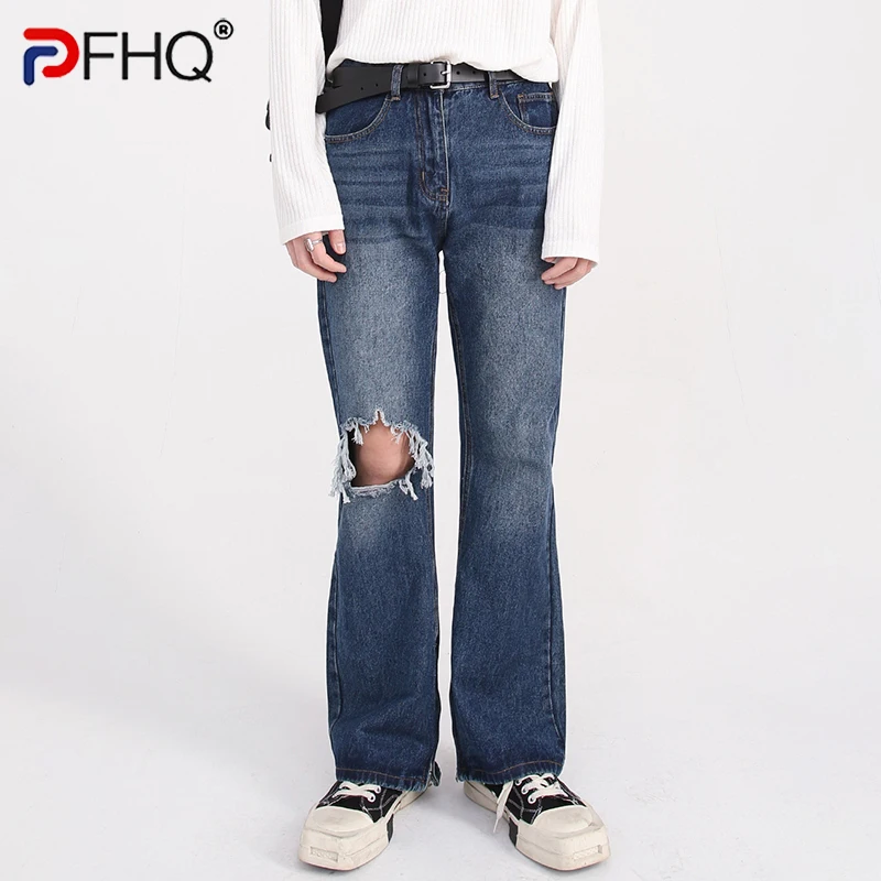 PFHQ Men's Jeans Loose Korean Fashion Wide Leg Straight Pants 2023 Broken Hole Trendy Spring Flare Male Trousers Vintage Elegant