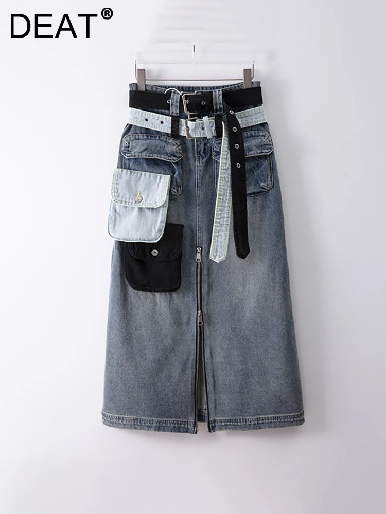 

DEAT Women's Denim Skirt Contrast Color Double Belt Multiple Pockets Split Cargo Long Skirts 2023 Autumn New Fashion 29L2933