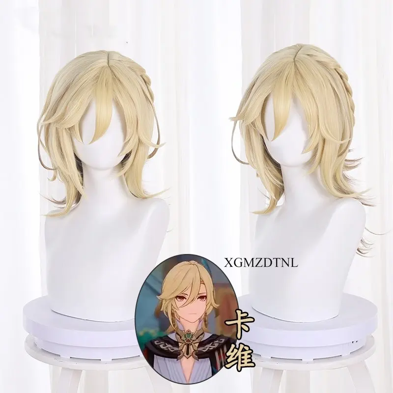 

Genshin Impact Kaveh Cosplay Wig Game Kaveh Wigs 45cm Long Linen Gold with Braid Heat Resistant Hair Wigs+Wig Cap Roleplaying