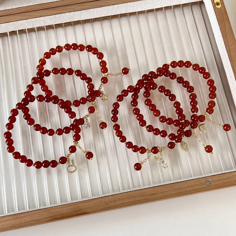 

Minar Vintage Multiple Red Agate Natural Stone Crystal Beaded Bracelet for Women Shiny CZ Zircon Cartoon Rabbit Charm Bracelets