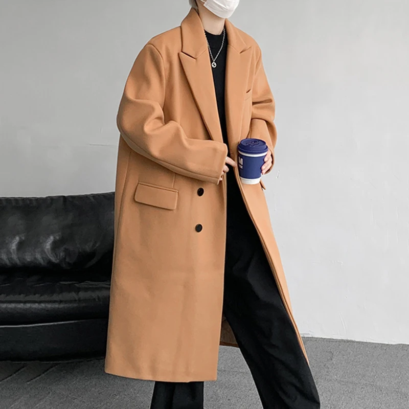 PFNW корейское трендовое шерстяное пальто цвета хаки средней длины мужское