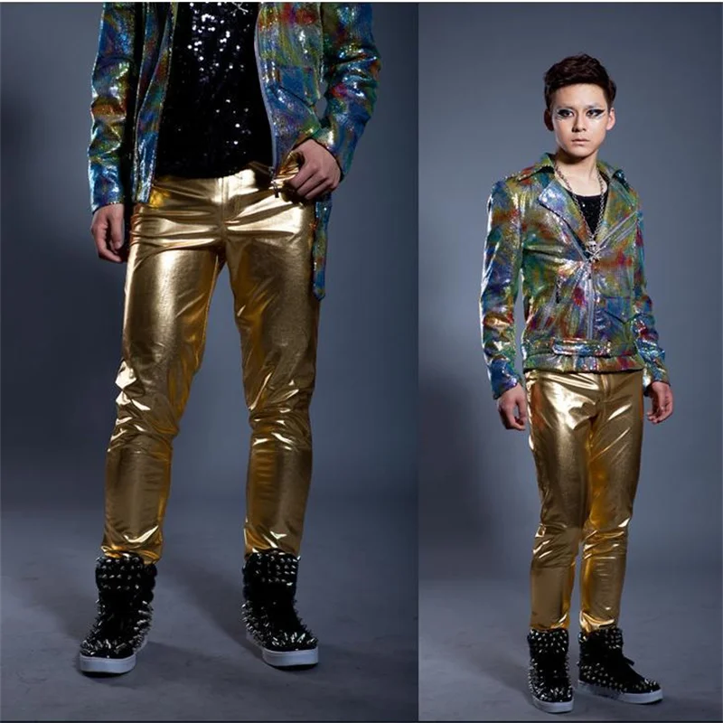 Gold silver Singer splice motorcycle 1 pu pants men 1 pants man stage trousers faux leather pants Provide custom