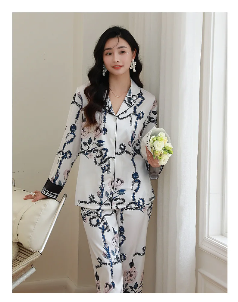 New Ice Silk Pajamas Women's Elegant Chain Rose Print Long Sleeve woman pijama set  pijamad de mujer  sleep wear
