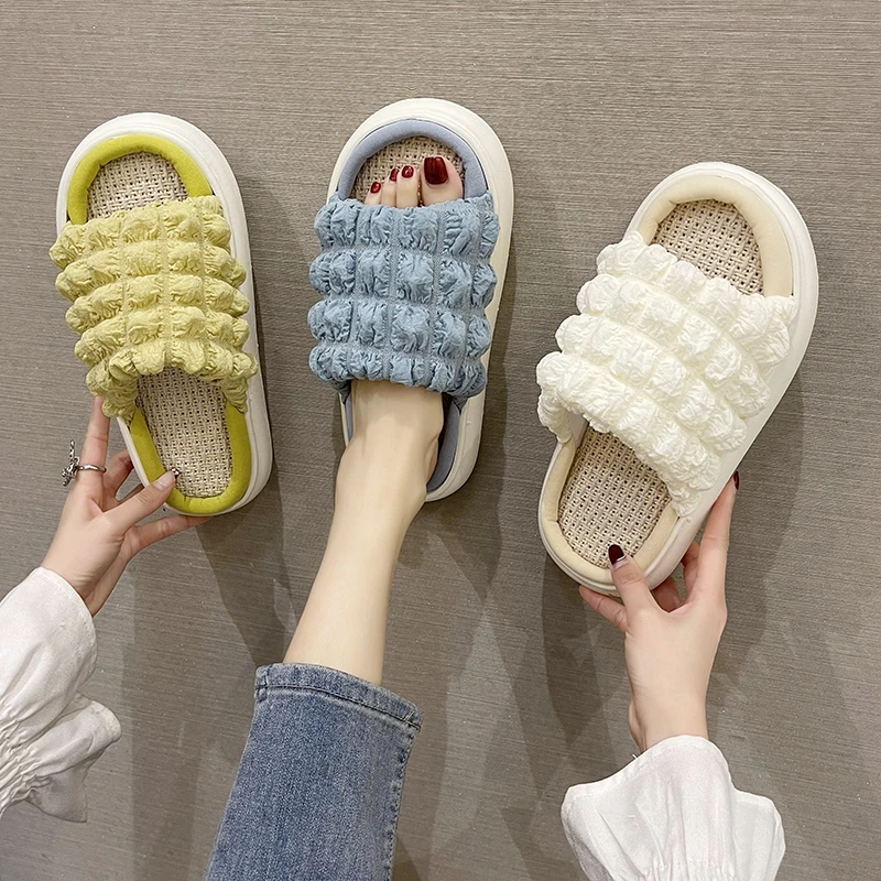 

Slippers Casual Shoes Slipers Women Med Slides Luxury Rubber 2022 Soft Flat Massage PU Basic Cotton Fabric Rome Female Shoes Sli