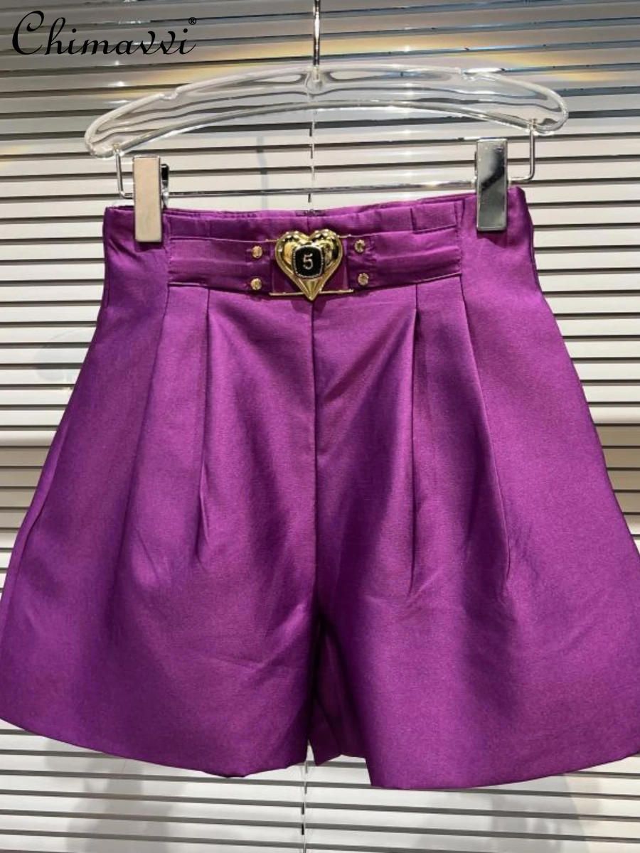 

2022 Summer New Fashion Love Metal Letter Waist Decorative Shorts High Waist Slimming Temperament Wide Leg Short Pants Women