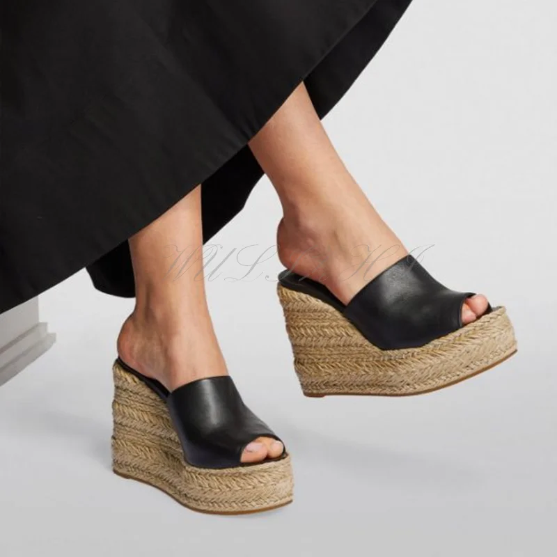 Brown Soft Leather Peep Toe Wedge Sandals Women Espadarille High Platform Black Heels Slingback Casual Outdoor Slippers New Shoe