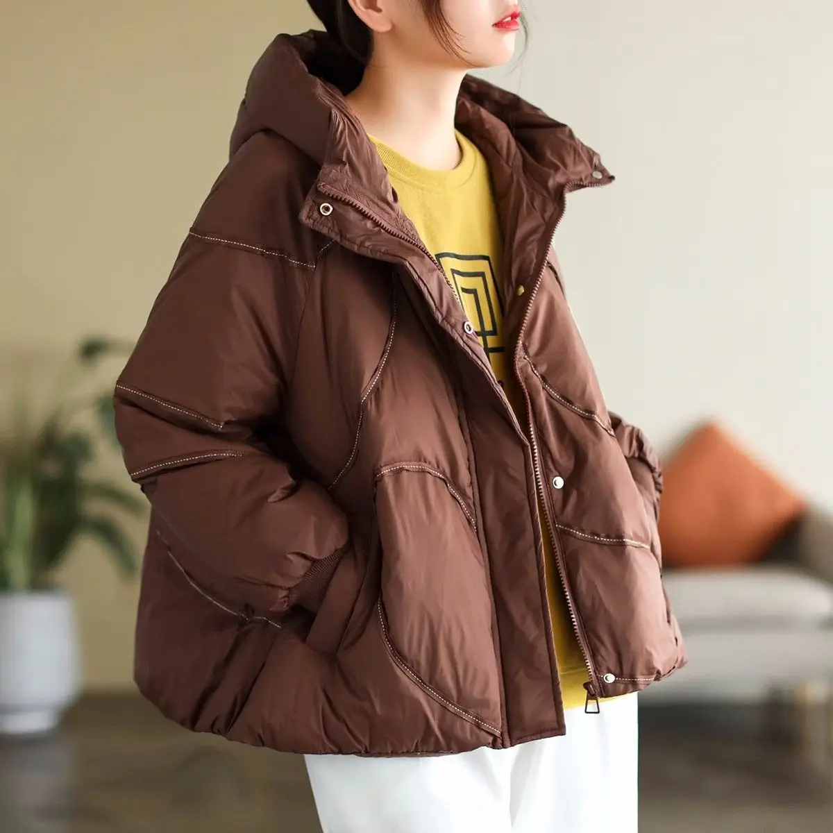 Women 2023 New Winter Korean Style White Duck Down Loose Jackets Fashion Casual Ladies Long Sleeve Hooded Coats Tops C56