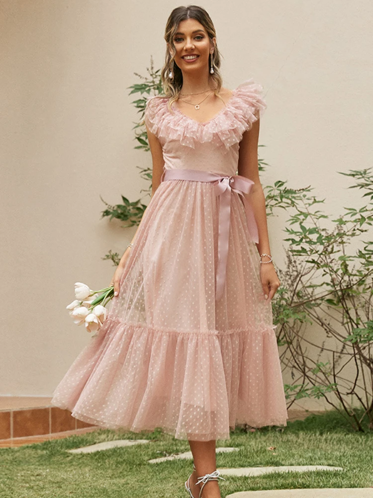 

Женское однотонное платье на бретельках, розовое платье с кружевной отделкой на талии, офисные платья для женщин на весну и лето