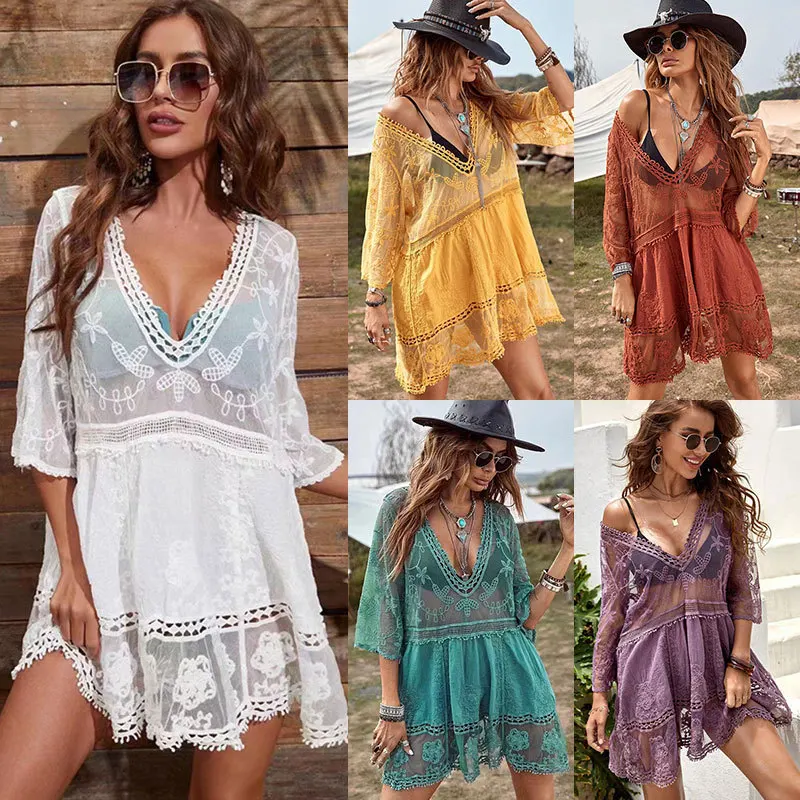 

Women's Deep V Neck Boho Beach Outing Sheer Sexy Lace Cover Up Tunic Pareo Swimwear Summer Beach Dress Short Dress Holiday