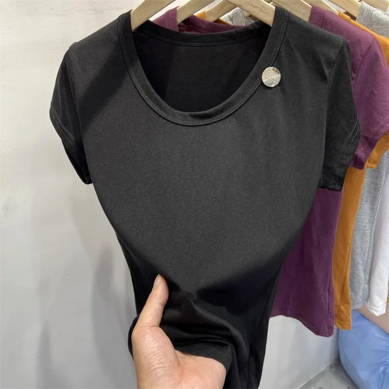 Женская футболка из чистого хлопка с коротким рукавом однотонная U-образным