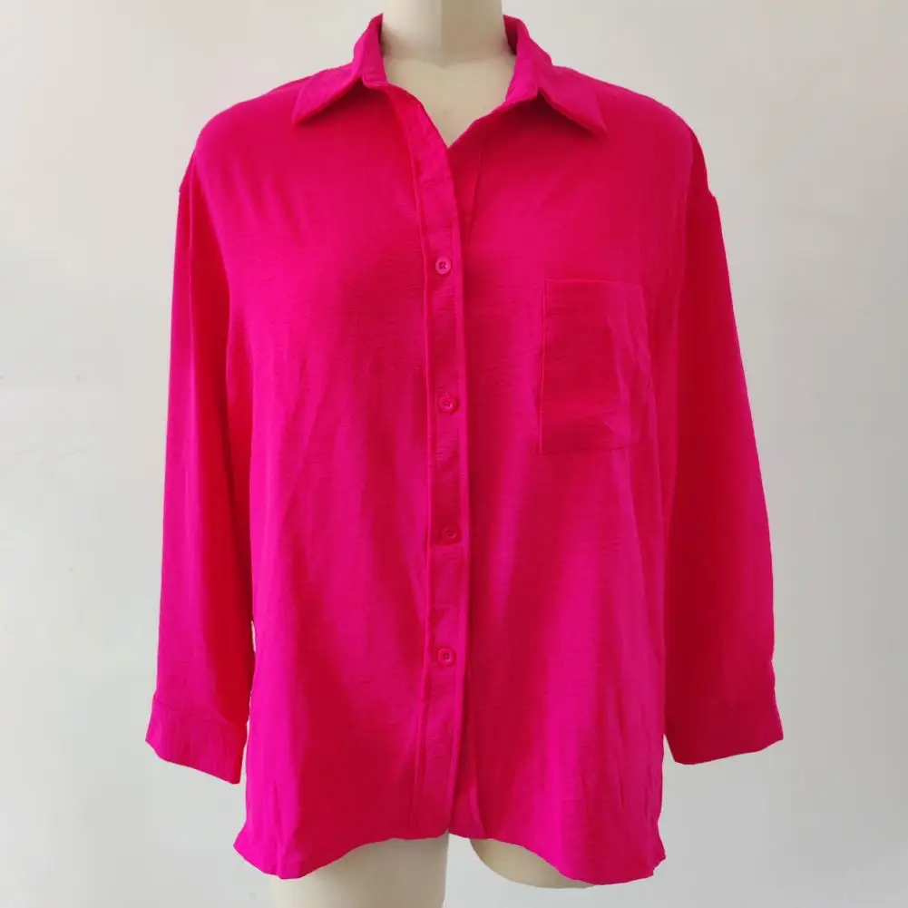 

Women Spring Shirt Stylish Women's Spring-fall Blouse Loose Fit Long Sleeve Turn-down Collar Patch Pocket Button Closure A