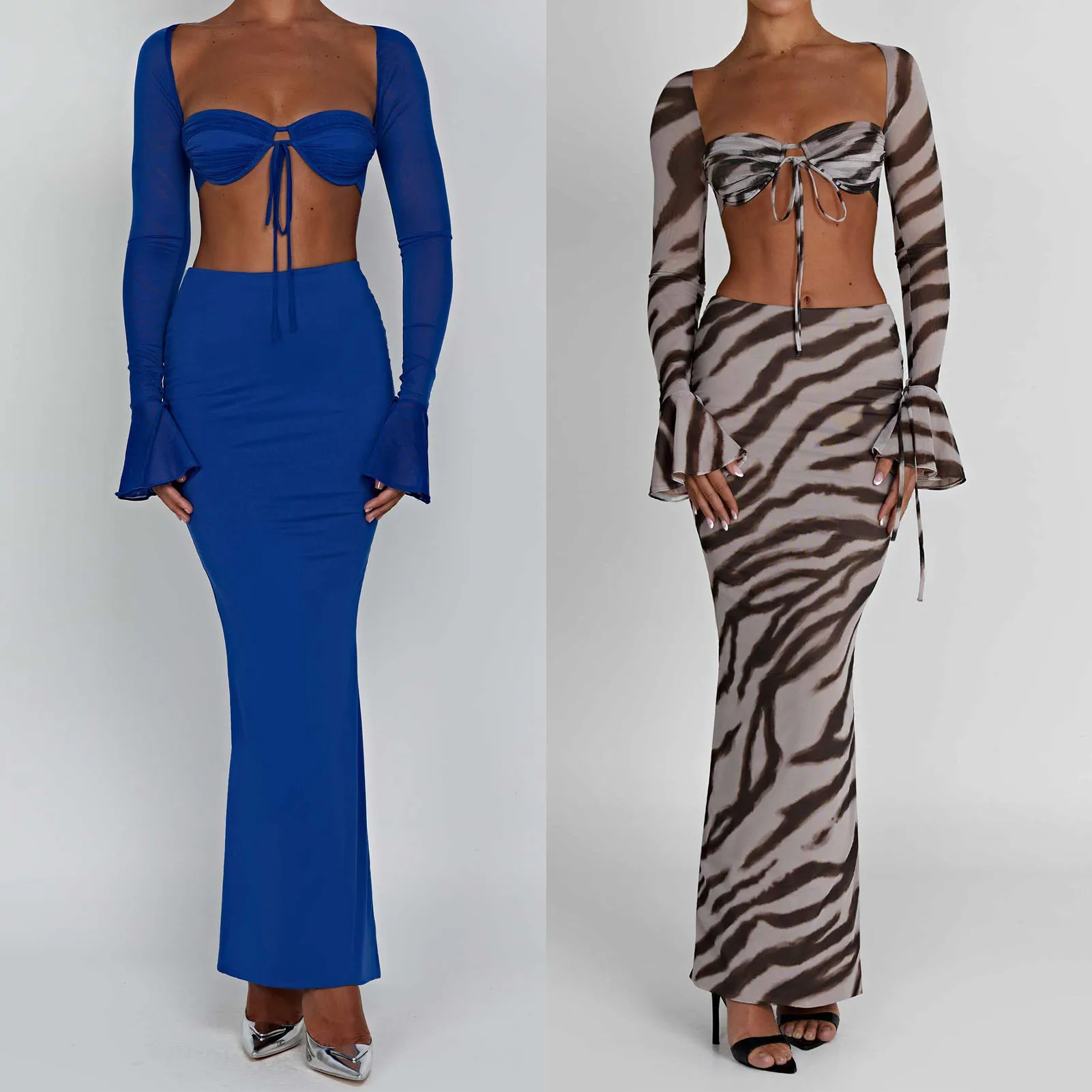 

2023 Women Knitted 2 Pieces Summer Clothing Set Sexy Tie-up Halter Crop Tops and Cross Wrapped Long Skirts Beach Clubwear Y2K
