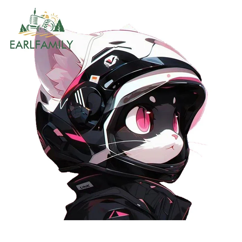 

EARLFAMILY 13 см для милой кошки, черного цвета с шлемом, автомобильная наклейка, мультяшный Водонепроницаемый модный Декор с защитой от царапин