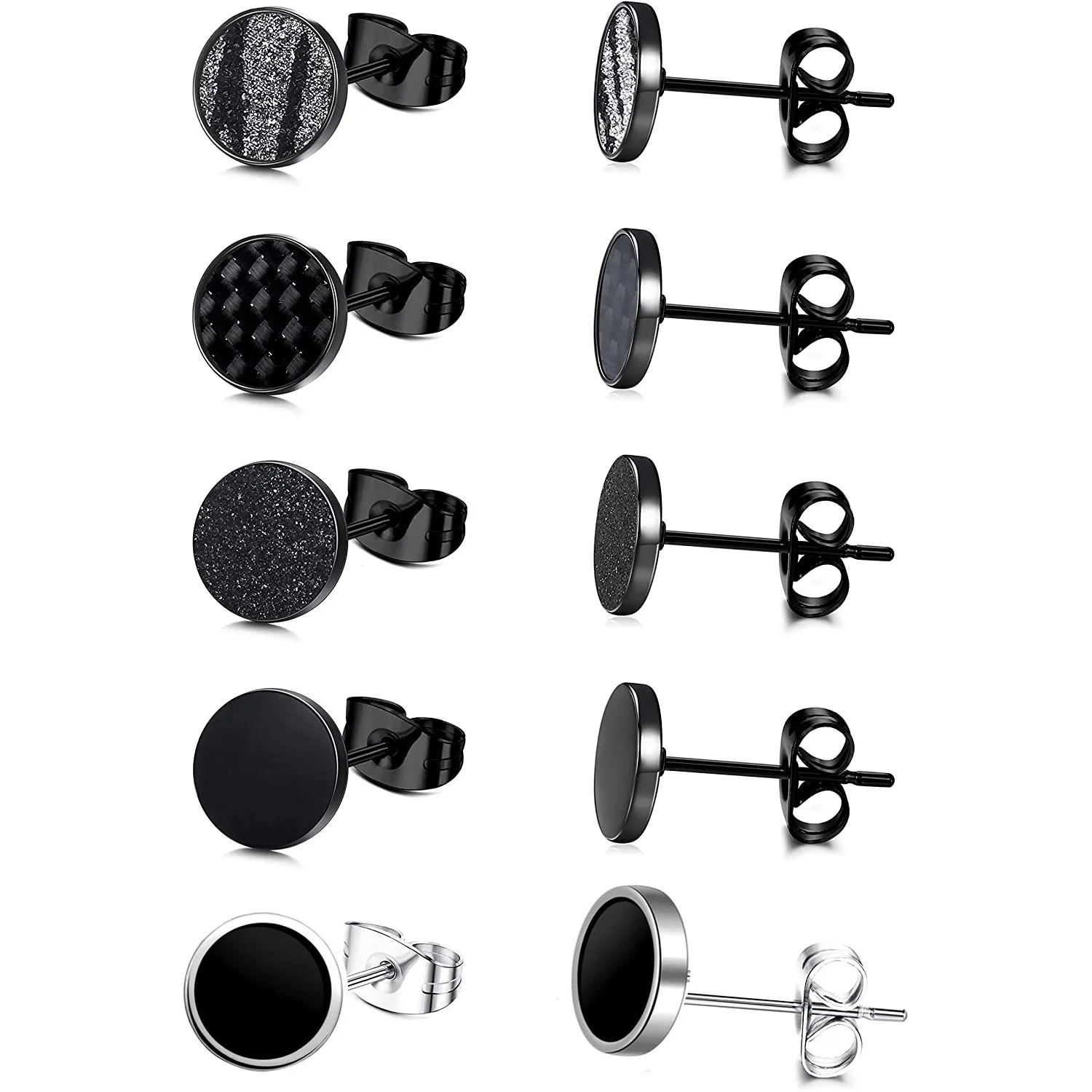 

1-5 Pairs Black Round Stud Earrings Set for Men Women 316L Surgical Stainless Steel Matte Black Ear Studs Jewelry 8mm
