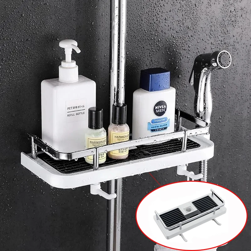 

Bathroom Shower Storage Rack Organizer Pole Shelves Shampoo Tray Stand Single Tier No Drilling Lifting Rod Shower Head Holder