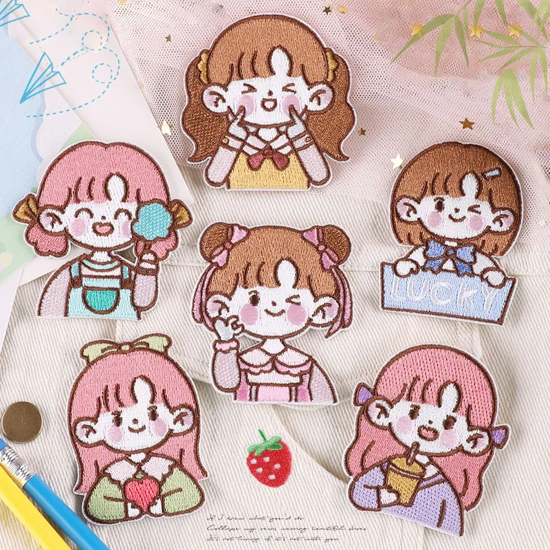 

Cute Cartoon Girl Patches For Clothing Kids Self-adhesive Embroidery Patch Applique On Jeans Ironing On Shirt DIY Scrapbooking
