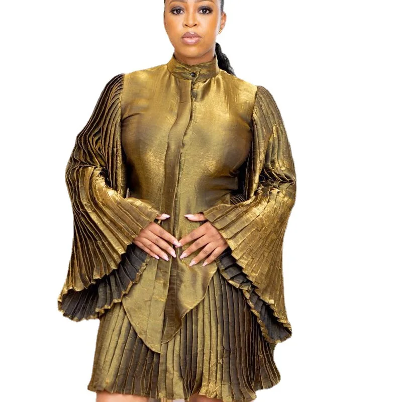 

African Shirt Dress Women Traditional Pleated Flare Sleeve Africa Clothing Fashion New Solid Patchwork African Office Lady Dress