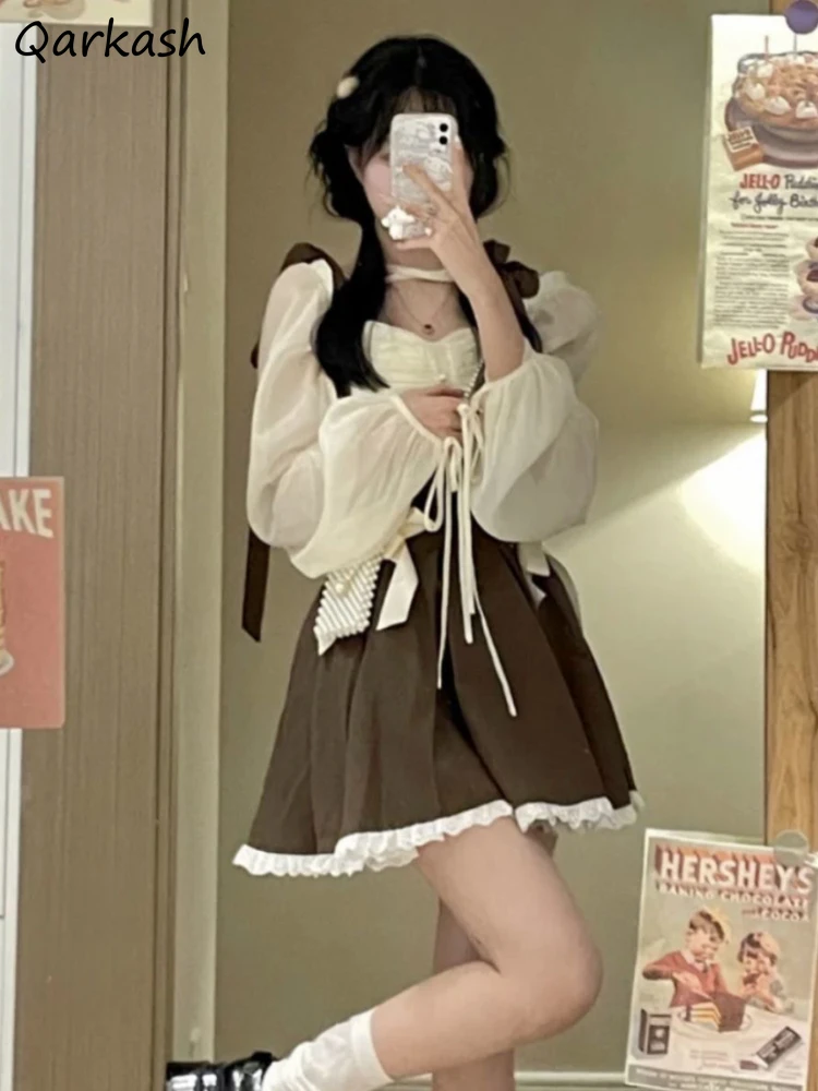 

Sets Women Kawaii French Style Simple Ulzzang Mujer Students Elegant Sweet All-match Stylish Summer Bandage Slim A-line Design