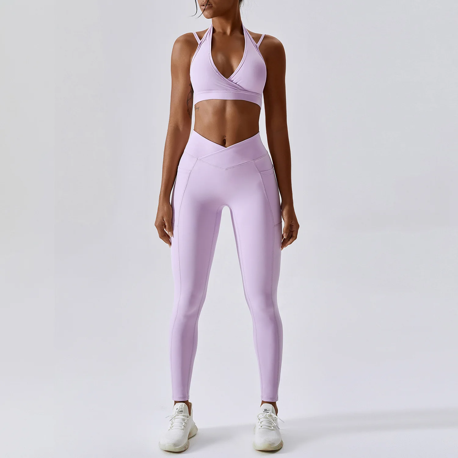 2PCS Quick Drying Nude Breathable Yoga Set Seamless Women's Gym Sportswear Backless Sport Bra Set Crop Top Raised Hip Leggings