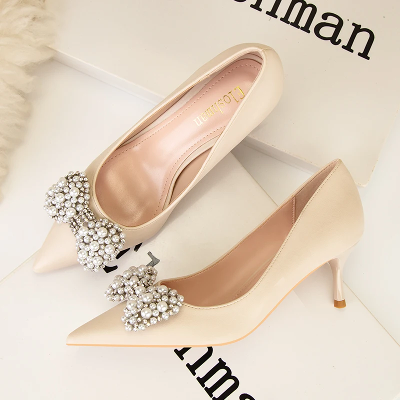 2022 Wedding Shoes Women Elegant Pointed Toe Pearl Bowknot Pumps Pu Shallow Fashion High Heels Shoes Party Office Shoes Woman