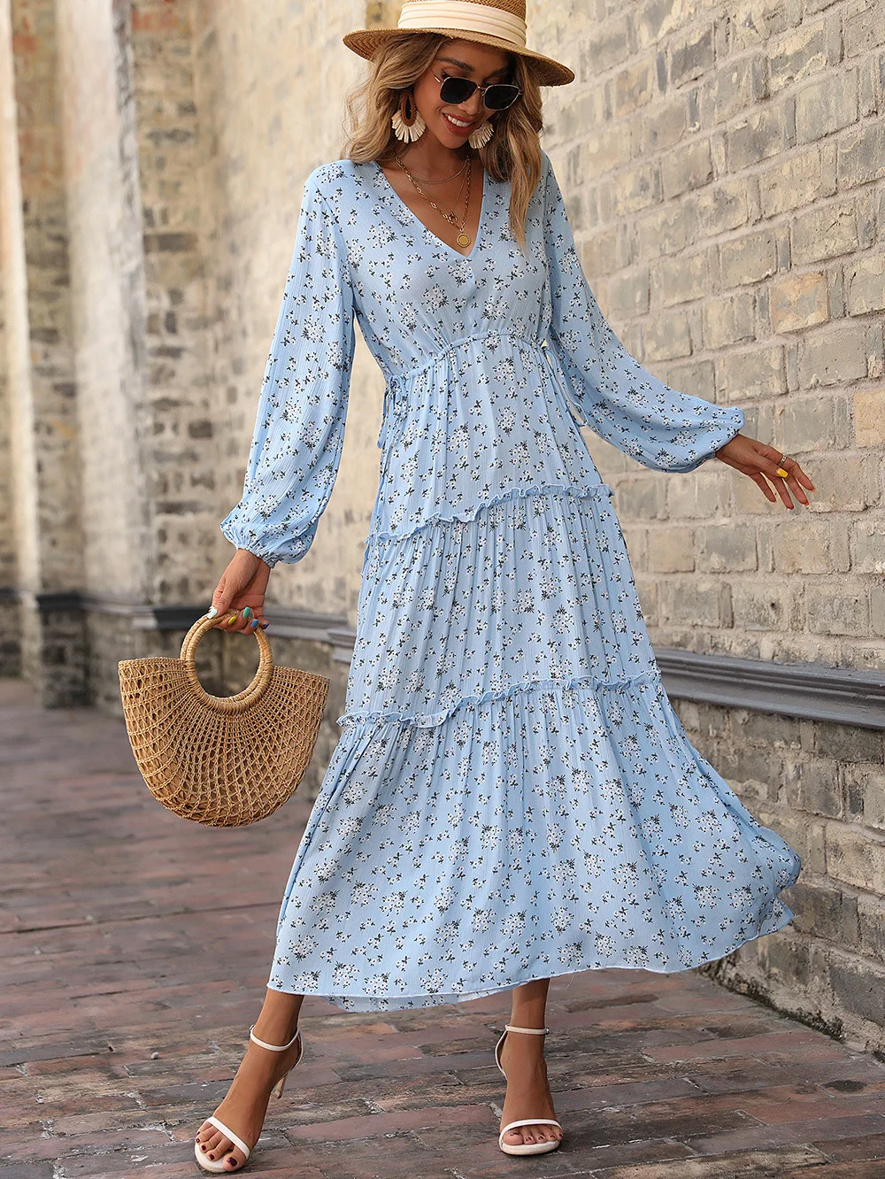 

Printed Bohemian Maxi Dress 2022 Spring Autumn Loose Fit Flowy V-neck Sexy Long Sleeved Robe Elastic Waist Split Dresses