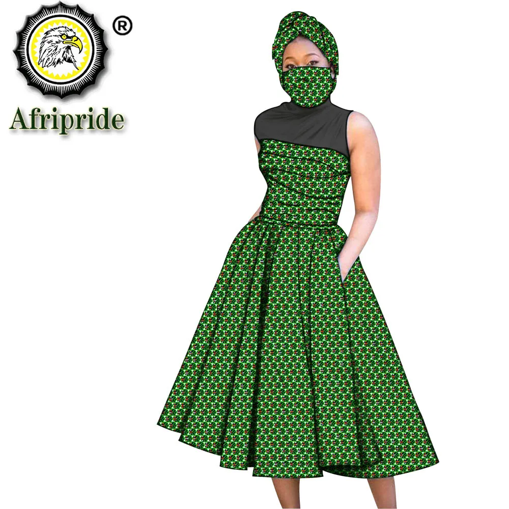 

African Traditional Dresses for Women African Clothes Midi Dress Ankara Dress Match Print Headscarf Mask 3 Piece Set S2025039
