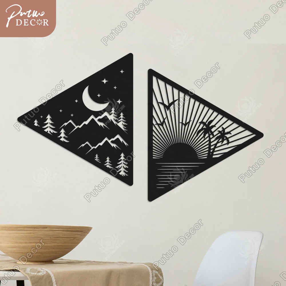 

Putuo Decor Triangle Wooden Moon Sun Wall Decor Plaque Modern Art Signs Moutian Forest Wood Hanging for Living Room Home Gift