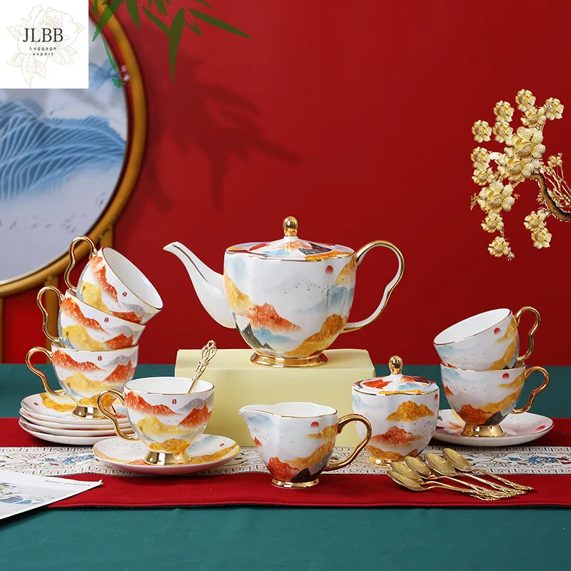 

15PCS New Chinese Style Coffee Set Luxury Porcelain Cup With Saucer Bone China Teapot Milk Jar Sugar Pot Kitchen Party Tableware