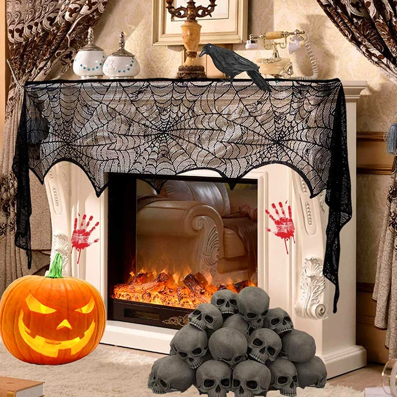 

Black Lace Halloween Table Flag Spider Web Tablecloth Home Decorations Bat Spider Fireplace Cloth Lampshade Table Accessories