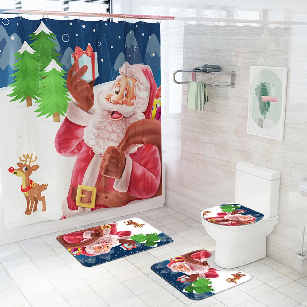 

Santa Claus Christmas Shower Curtain Set Xmas Snowflake Pine Tree with Non-Slip Rugs Toilet Lid Cover Bath Mat Bathroom Decor