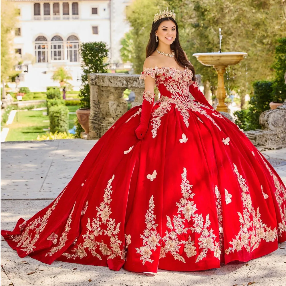 

Красное платье принцессы с бабочками и 3D эффектом, бальное платье с открытыми плечами и золотыми аппликациями, корсет, милые платья 15 лет, XV