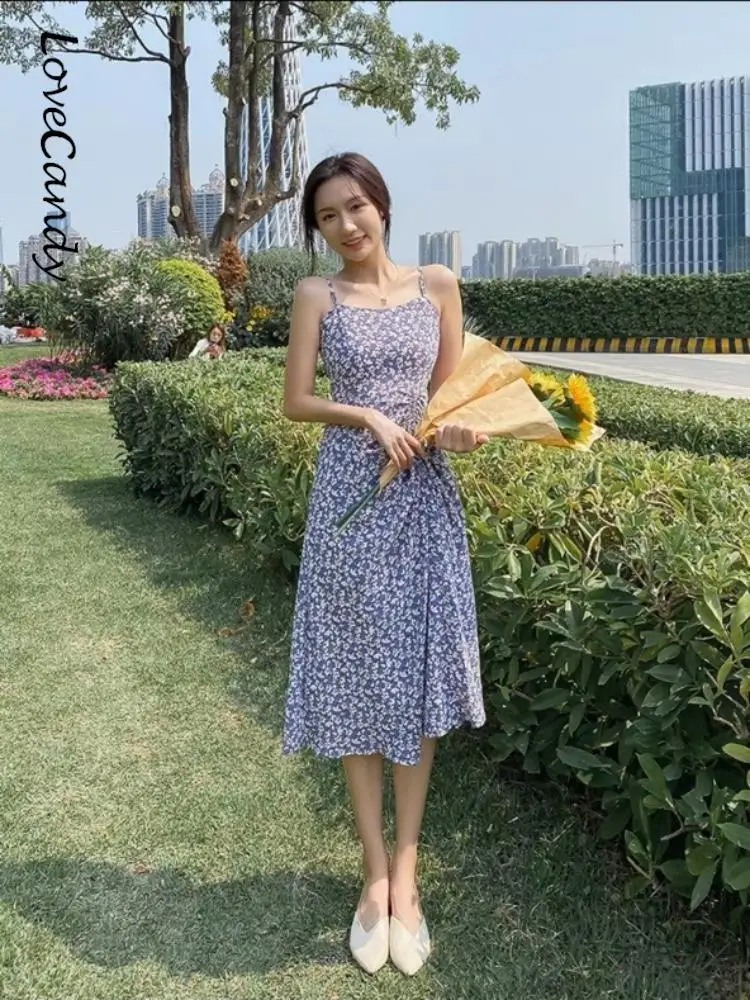 

2023 Summer Women Floral Printed Sling Dress Fashion Chic Sleeveless Backless Strap Sundress Vintage Elegant Sexy Vestidos