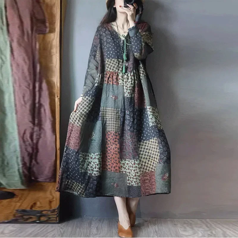 2024 Vintage Ethnic Style Cotton Linen Medium-Length Dress Women's Autumn Long Sleeve Loose-Fit Slimming Stylish