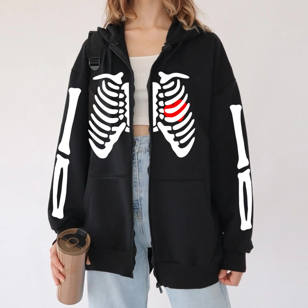 

Harajuku Skeleton Print Zipper Sweatshirt Vintage Gothic Bone Graphic Zip Up Hoodie Autumn Y2K Streetwear Casual Women Zip Hoody
