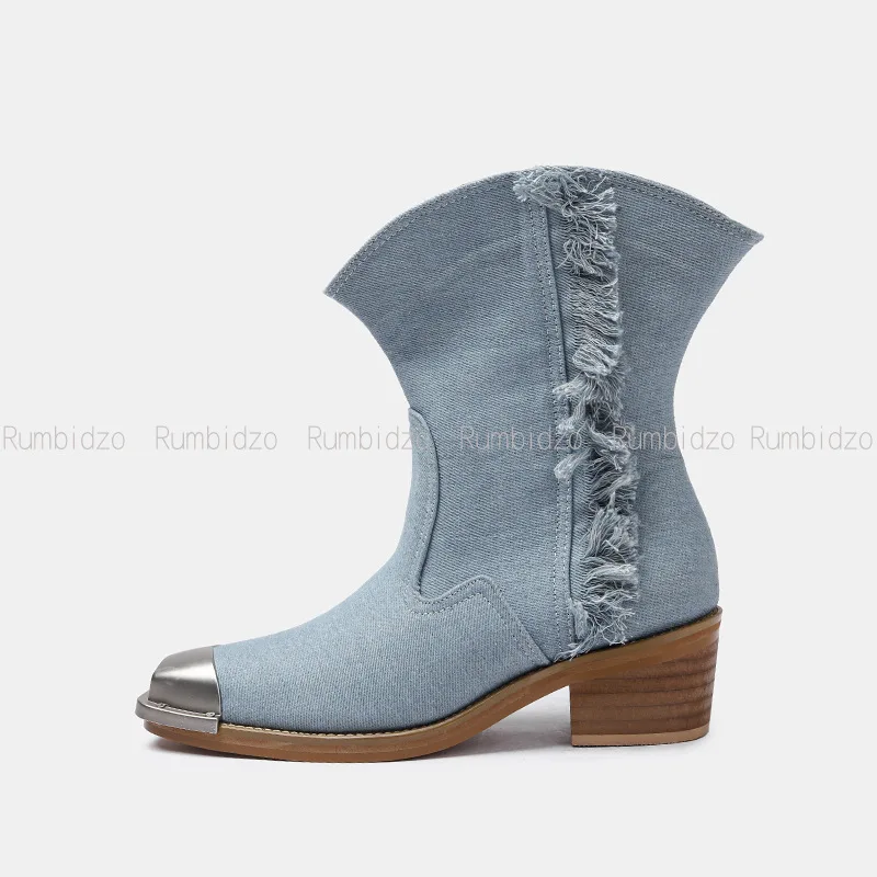 

New Women Boots High Quality Fashion Square Toe Metal Chunky High Heel Chain Decoration Ankle Boot Platform Booties