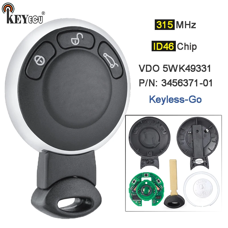 

KEYECU 315MHz ID46 Chip VDO 5WK49331, P/N: 3456371-01 Keyless-Go Remote Key Fob MINI Cooper Cabrio Clubman Countryman Coupe R58