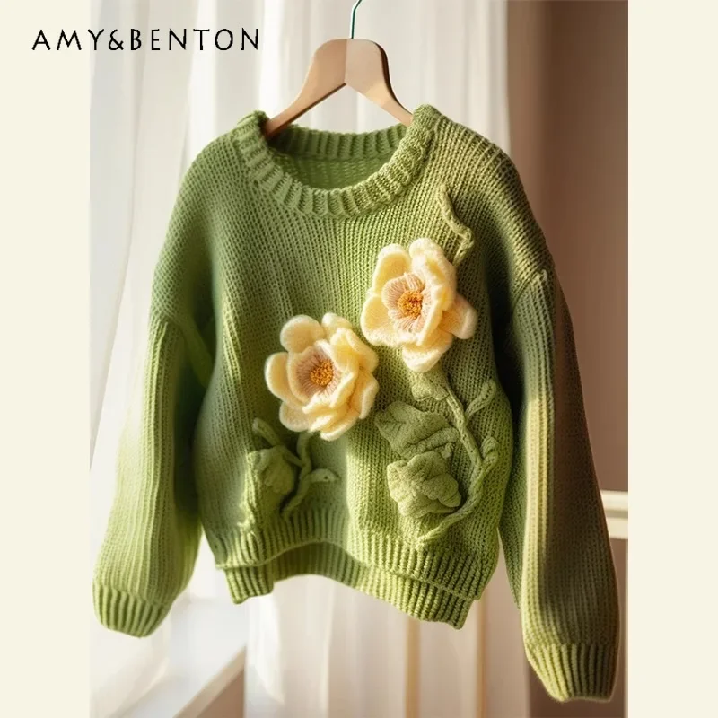

Popular Beautiful Knitwear High-Grade Good-Looking Heavy Industry Green Flower Sweater Pullovers Autumn Winter New Coat Sueter