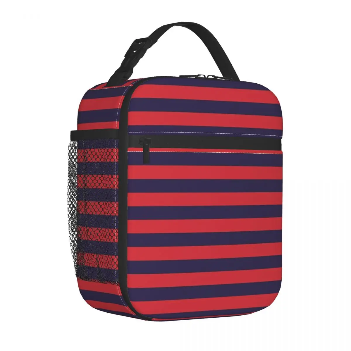 

Horizontal Striped Lunch Bag with Handle Navy Blue Stripes Print Reusable Mesh Pocket Cooler Bag Carry Travel Meal Thermal Bag