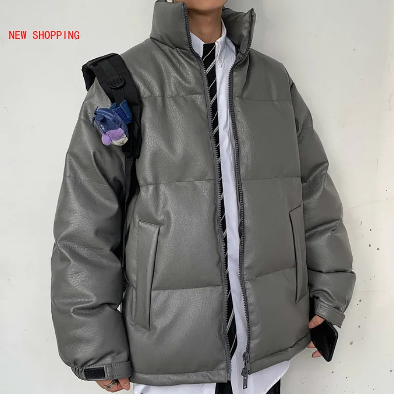 High-Quality Warm PU Leather Oversize Paka New 2022 Autumn Winter Men Jackets Loose Puffer Parkas Short Coat Man Overcoat Black