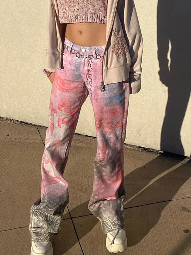 

WeiYao 2022 New Pink Y2K Pants Tie Dye Floral Print 2000s Aesthetic Grunge Trousers Women Low Waist Straight Leg Cargos