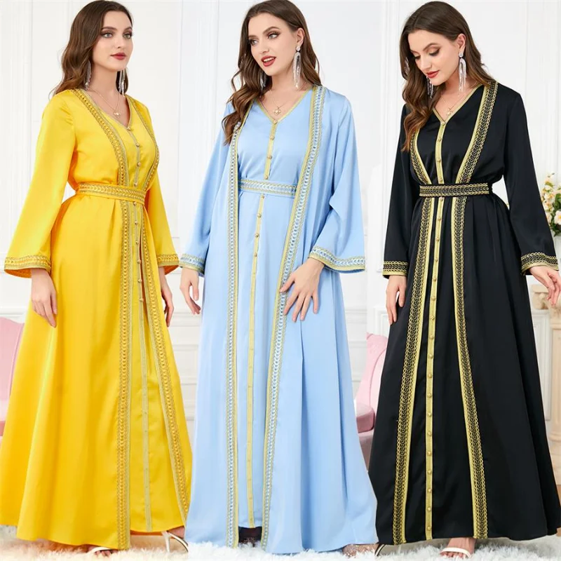 Gulf Jalabiyas Woman's Evening Dress 2pcs Long Dresses Muslim Set Abaya Dubai Luxury High Class V-Neck Lace Tape Belted Kaftan