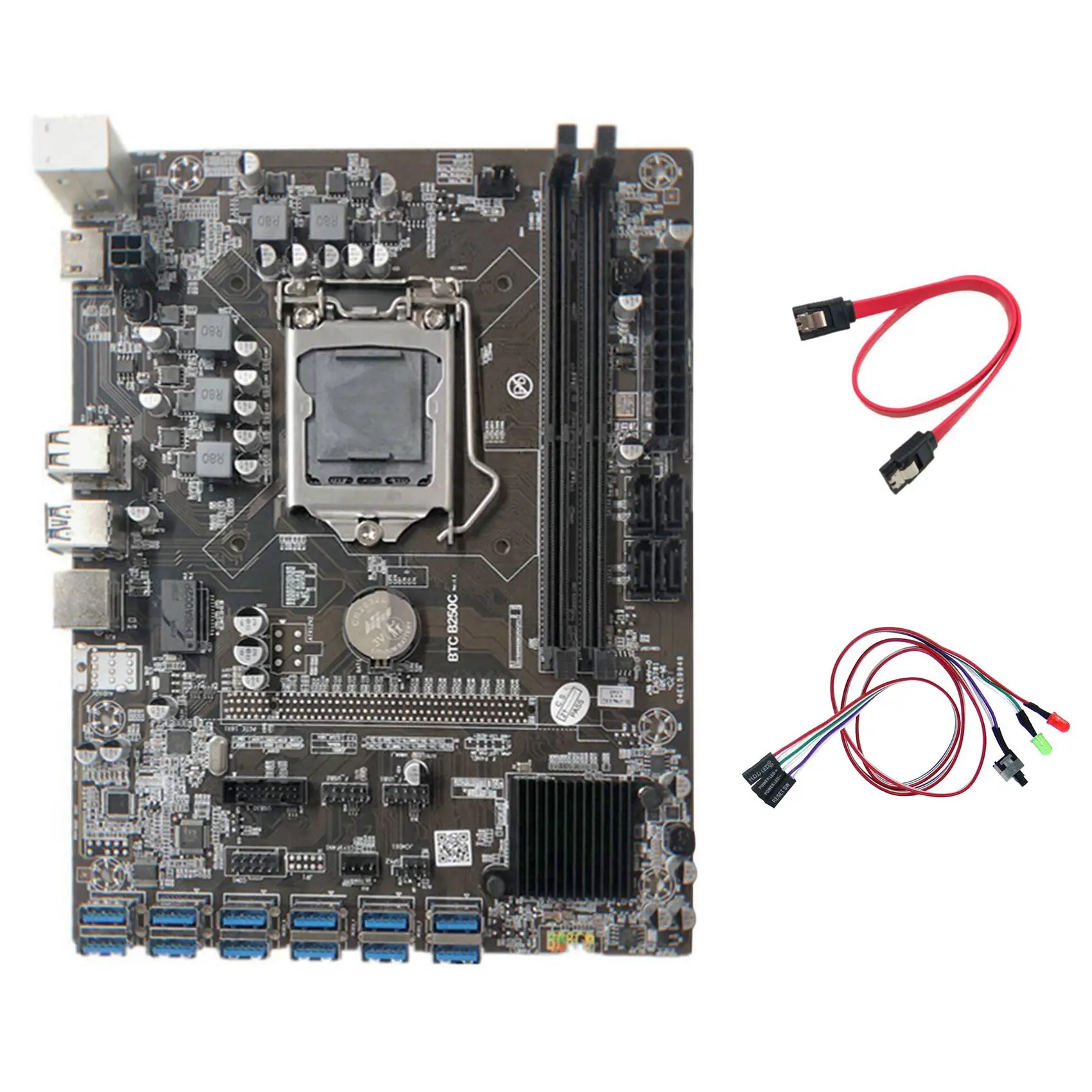 

B250C Miner Motherboard+Switch Cable with Light+SATA Cable 12 PCIE to USB3.0 Graphics Card Slot LGA1151 Support DDR4 RAM